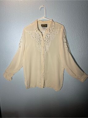 Bob Mackie Cream Floral Embroidered Button-Up Blouse